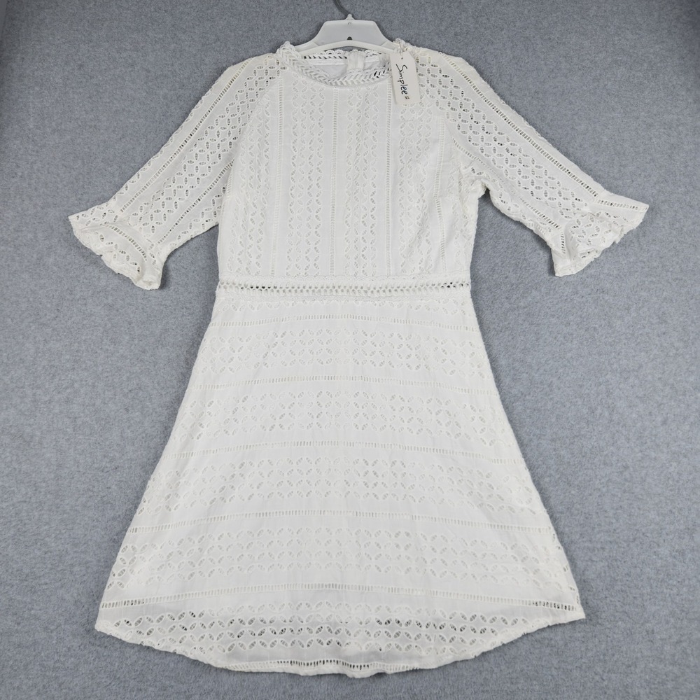 Simplee A-Line Dress Women XL White Eyelet Lace Bell Sleeve Boho Cocktail Party